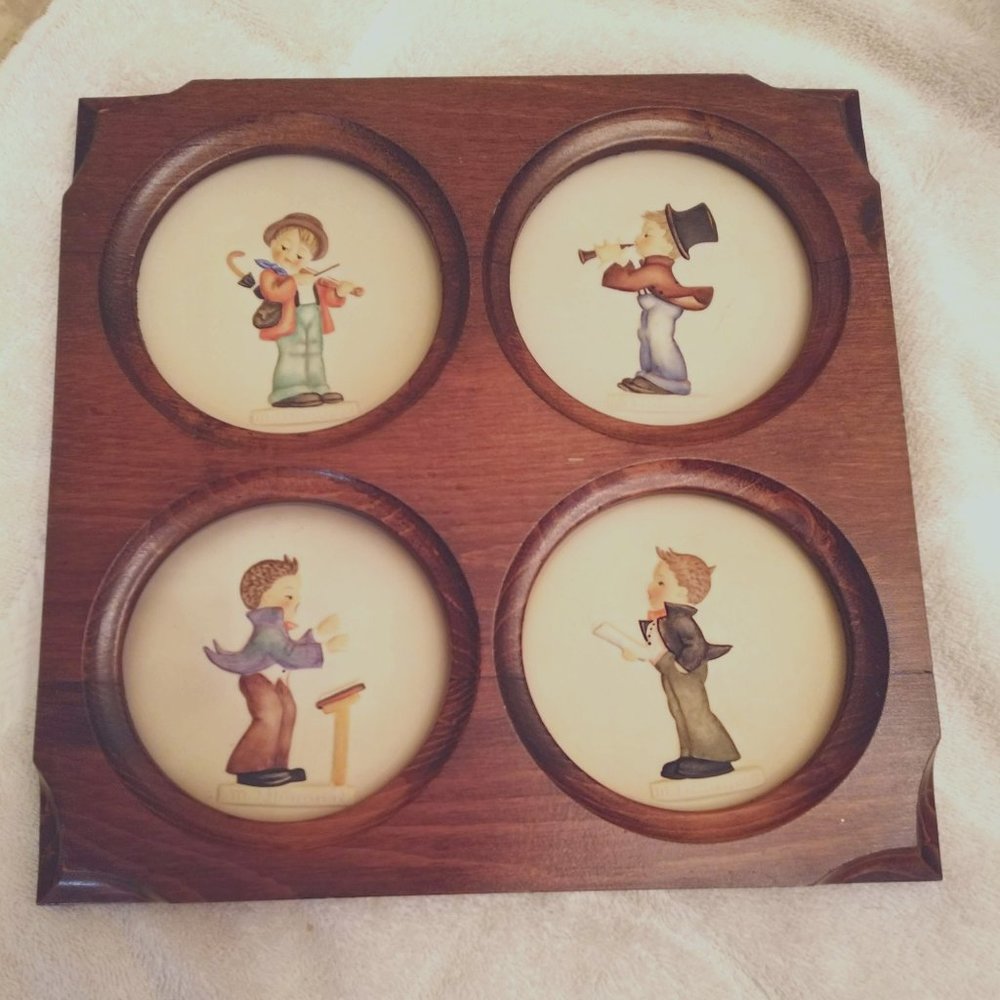 M.J. Hummel Set of 4 “Little Music Makers” Collector Plates in Wood Frame